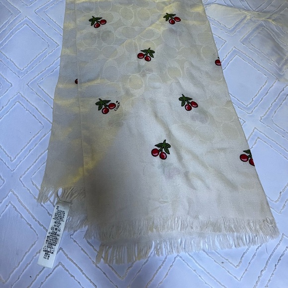 Coach Signature Cherries Print Wrap Scarf Wool & Silk Cream Color - Picture 2 of 6